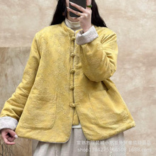 冬季新品提花棉麻夹棉外套女装两面穿对襟盘扣外套