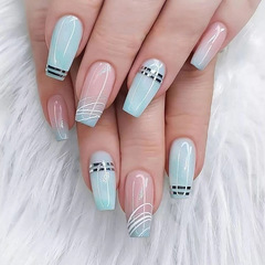 Mid-length gradient green fresh manicure white irregular lines fake nails small fresh silver lines ins style beauty