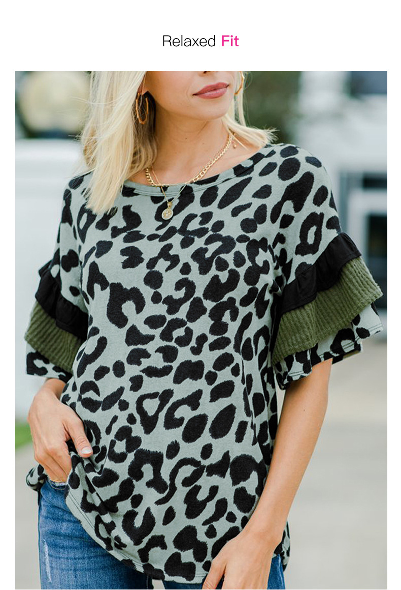 leopard print stitching lotus leaf sleeve t-shirt   NSSI50022