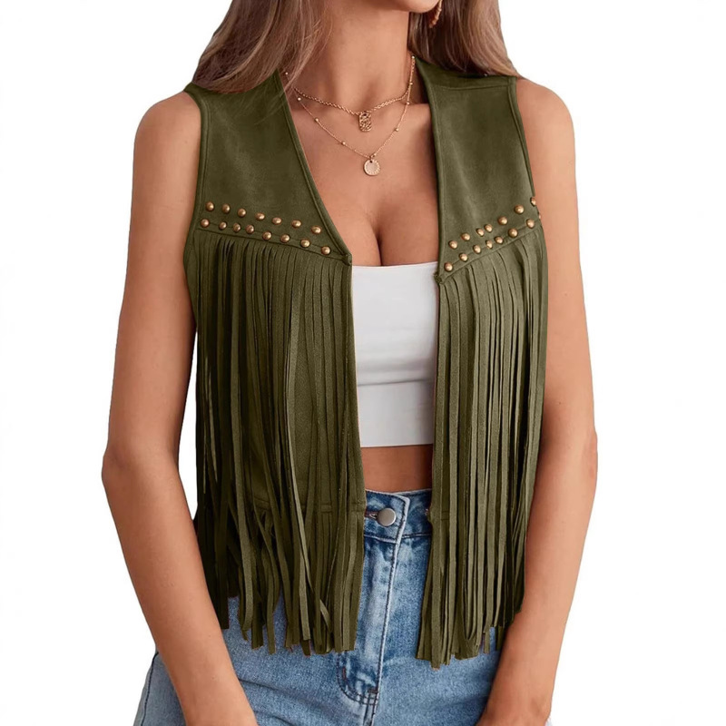 Amazon European and American Cross-Border 2026 New Women's Tassel Lace Sleeveless Vest Lace Suede Hippie Jacket