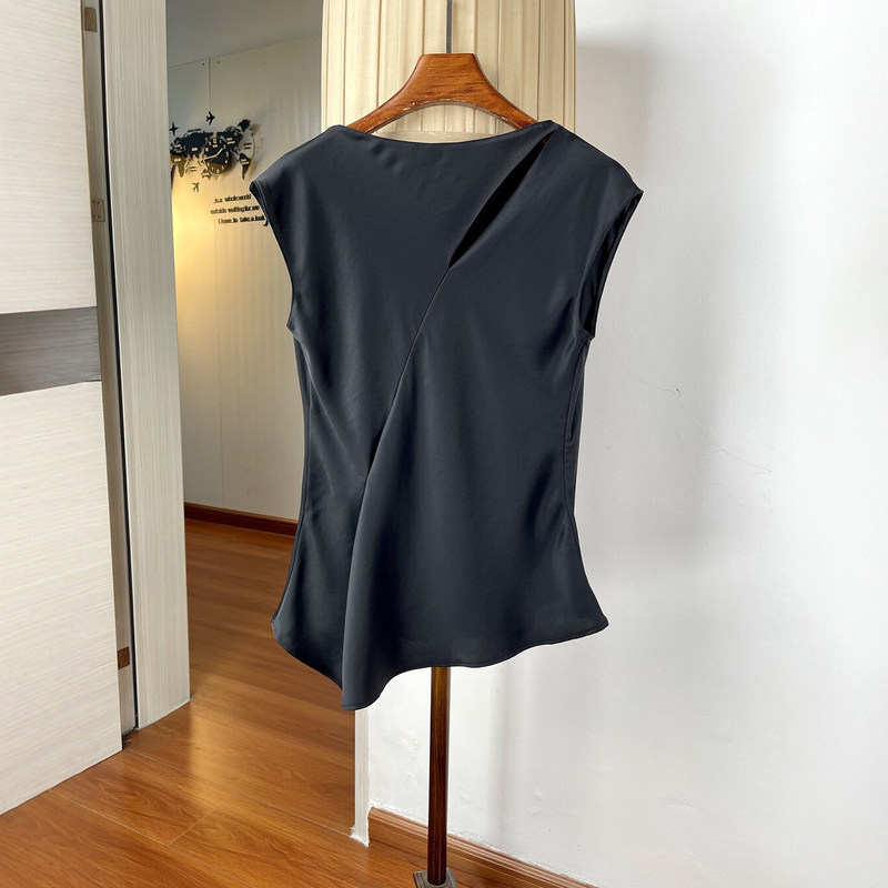 French-Style Fashion Hollow-Out Acetate Satin Shirt for Women, Summer Thin Diagonal-Cut Waist-Cinching Slimming Irregular Design Top