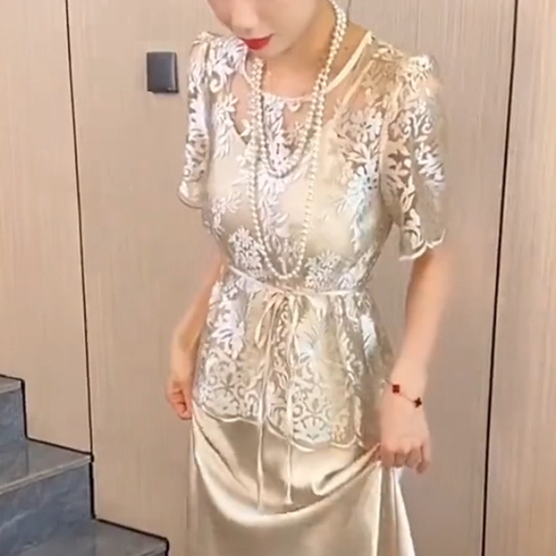 살구 레이스 반소매 탑