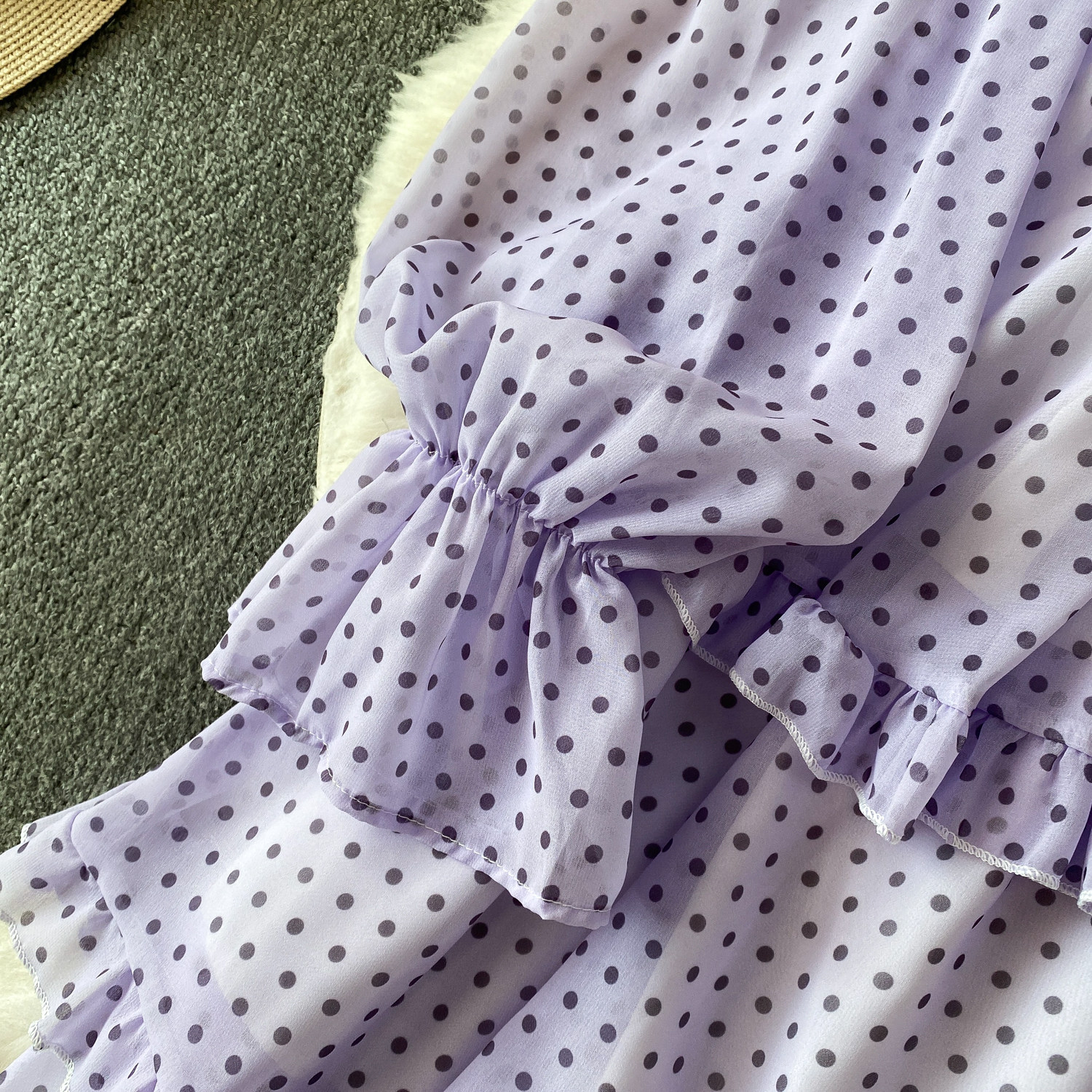 Women's French Sweet Color Block Bow V Neck Long Sleeve Dress Summer Polka Dot Ruffle Hem Elegant Long Skirt_ecoleips.com