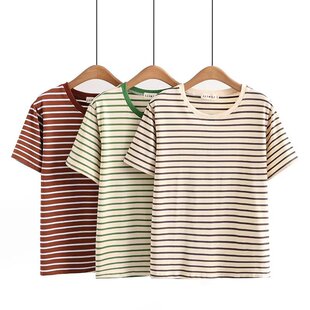 plus size Striped Shirt Short-sleeved Women's 2024 Summer Casual T-shirt Fat Girl Crewneck Cotton Shirt Top 2404
