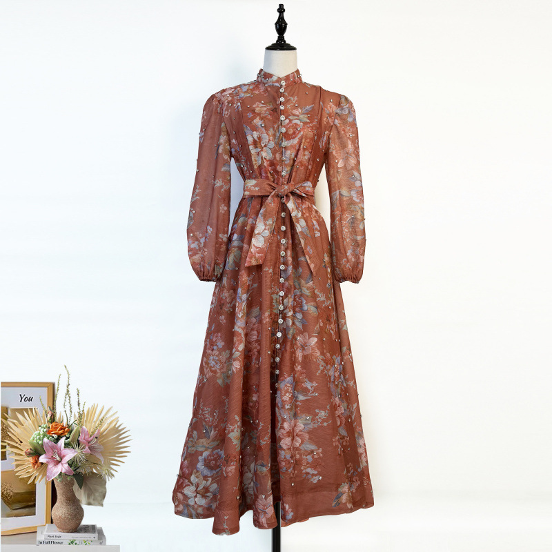 Niche Design, Exquisite French Waist and Large Hem Dress, Classy Luxury Diamond-Encrusted Small Stand-Up Collar Printed Long Skirt for Women