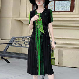 三宅褶皱2025夏季新款气质圆领印花百褶裙时尚收腰显瘦魔术连衣裙