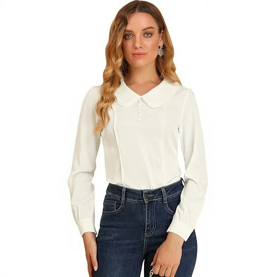 Cross-border Amazon European and American women's clothing long-sleeve button-up doll lace collar shirt, new autumn sweet and cute top Cross-border Amazon European and American women's clothing long-sleeve button-up doll lace collar shirt, new autumn sweet and cute top
