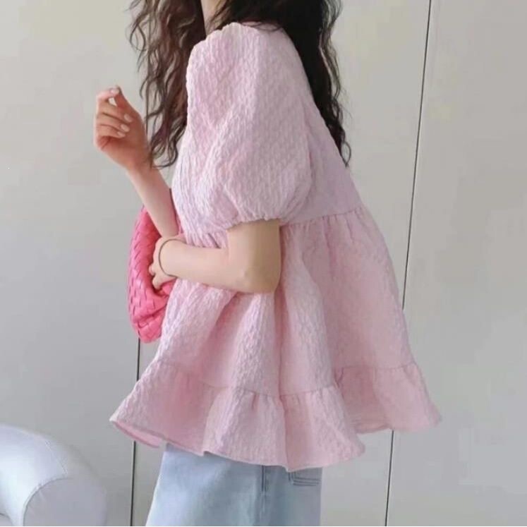 2026 Summer New Korean Style Loose Niche Puff Sleeve Top with Ruffles Sweet Short-Sleeve Shirt for Women