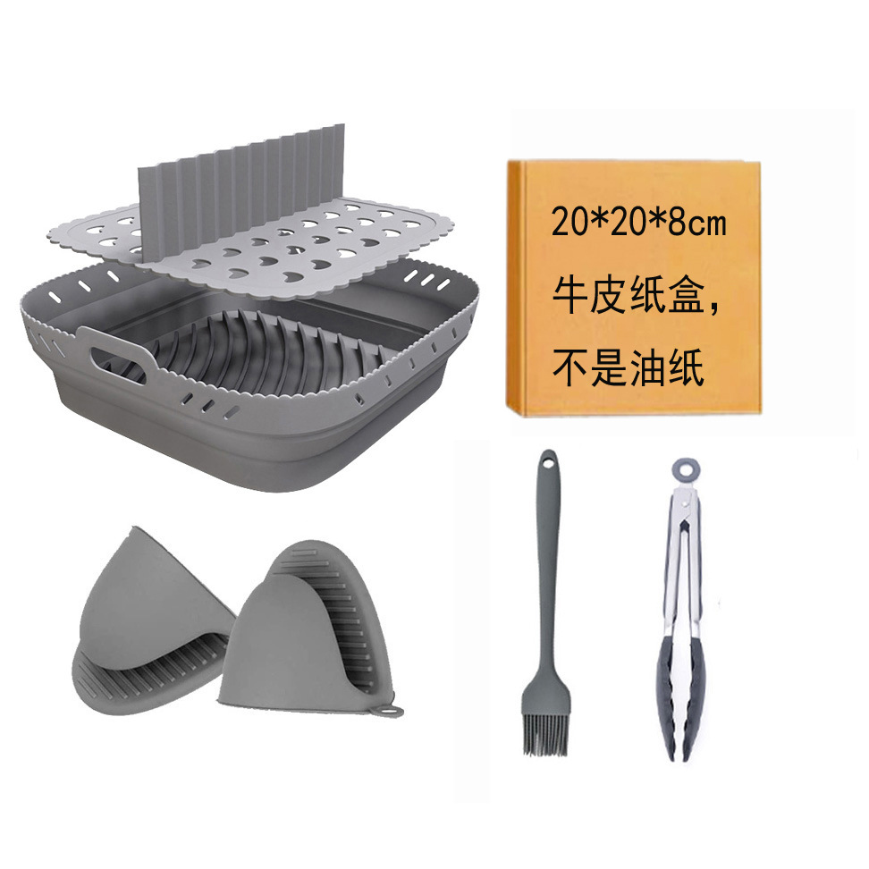 Almohadilla para olla frita de aire de 8,5 pulgadas bandeja para hornear cuadrada cepillo de aceite juego de clip de comida caja de papel kraft fabricante negro gris