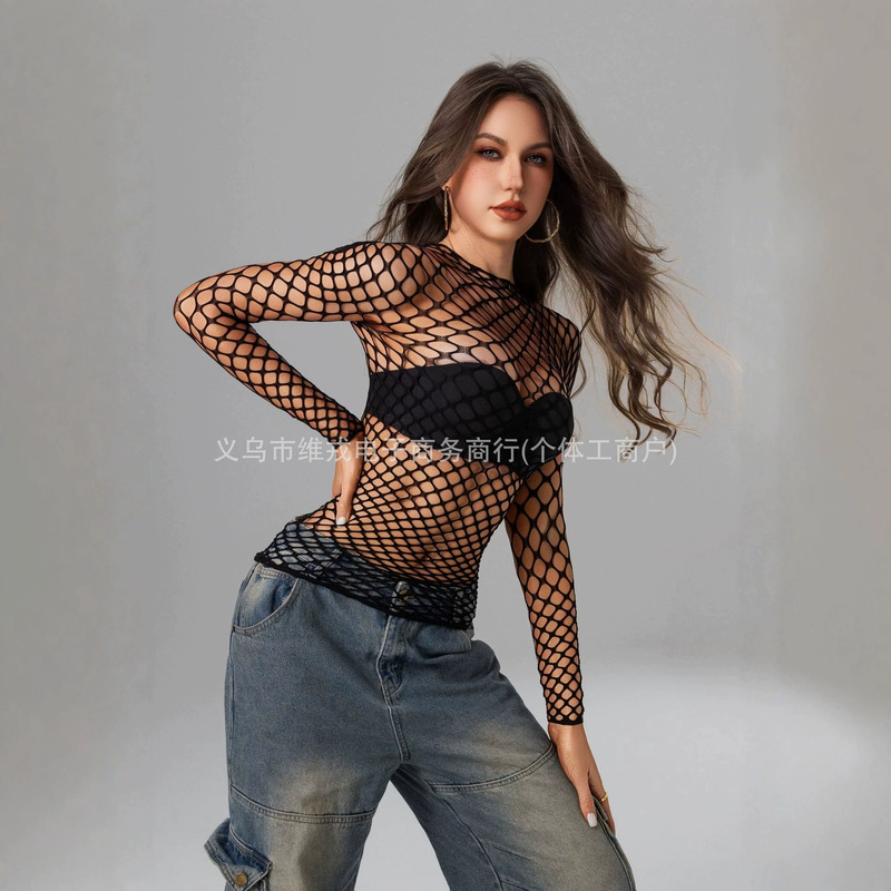 2026 European and American Hot Girl Foreign Trade Sexy Lingerie Fishnet Top Long-Sleeve Slim Fit Trendy Beautiful Women's Clothing This Year 2026 European and American Hot Girl Foreign Trade Sexy Lingerie Fishnet Top Long-Sleeve Slim Fit Trendy Beautiful Women's Clothing This Year