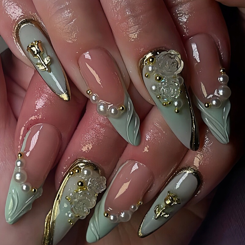 Cross-Border Hot-Selling Light Luxury Style Wearable Nail Polish Finished Light Green Milk White Gradient Rose Three-Dimensional Flower Pearl Chain