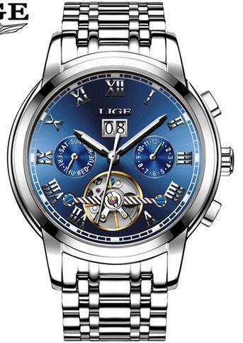 LIGE 9813 caliente-venta hueco transparente Tourbillon multifunción reloj mecánico automático correa de acero reloj de hombre