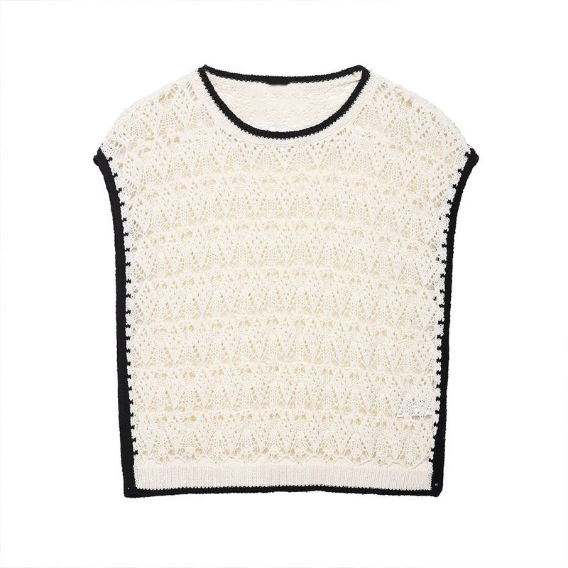 Pb&Za High-Quality Women's Knitwear New Style Sleeveless Elegant Cut Out Crochet Round Neck Knitted Vest 0234009