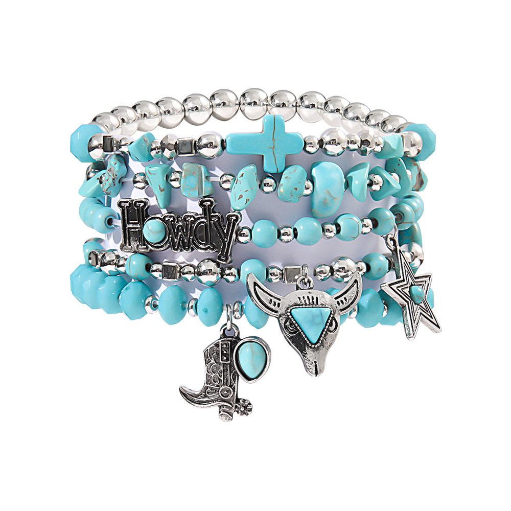 49g Weight Alloy Pendant Material Bracelets Classification Beaded, Turquoise Chain Material 1 Set Quantity Daily Occasion Beaded, Alloy, turquoise Material Cross, Cattle, Boots Pattern Women's Gender Retro Style Retro Cross Cattle Boots Beaded Alloy Turquoise  Beaded Bracelets Wholesale 20