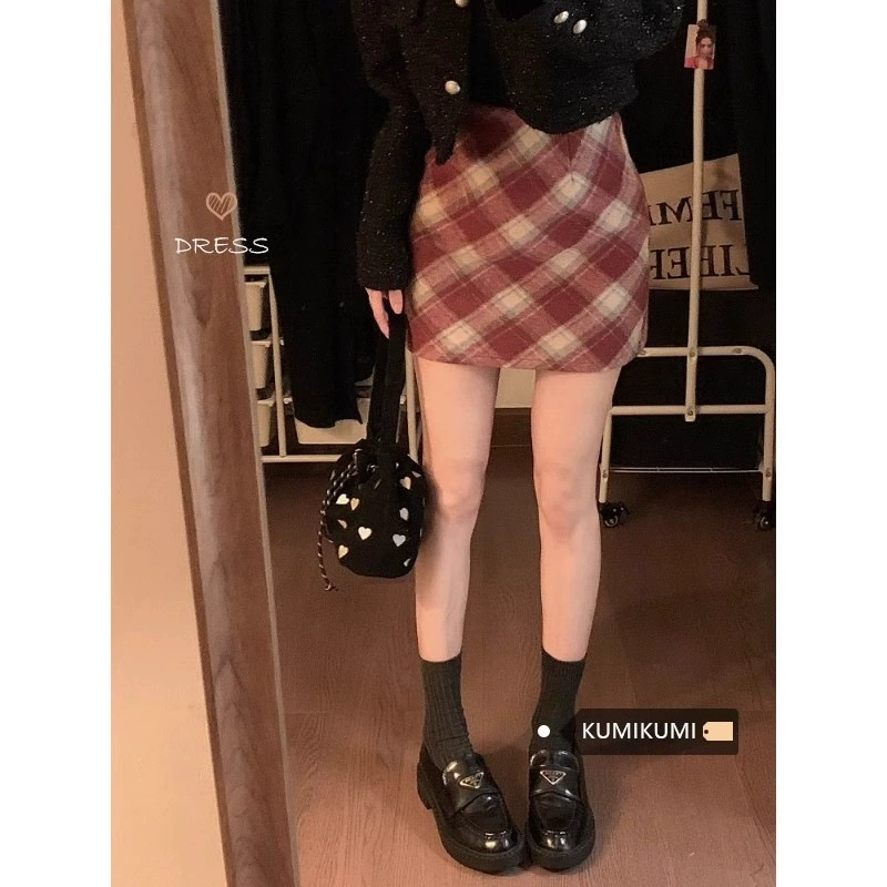 Трансграничное ретро красная юбка в клетку юбка юбка половинка женская осень-зима