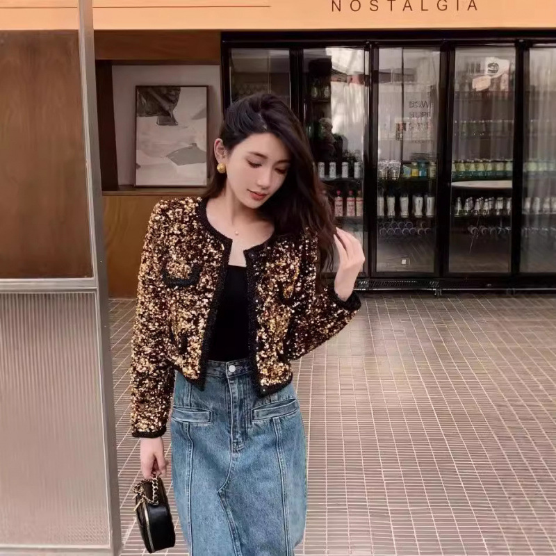 Cross-border Foreign Trade 2025 Autumn Golden Bead Tweed Short Coat Sequin Cardigan Top