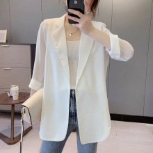 雪纺小西装女春秋薄款2025新款韩版宽松中长款西服外套七分袖开衫