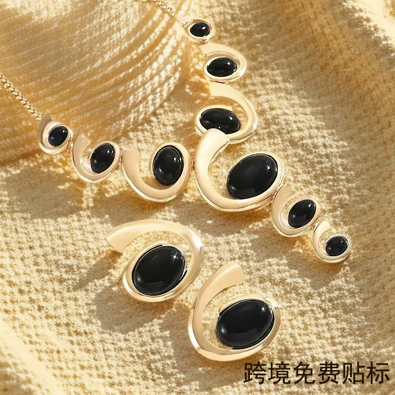 1套椭圆蜗牛状链接项链耳钉套装复古精美夸张风欧美temu热卖饰品