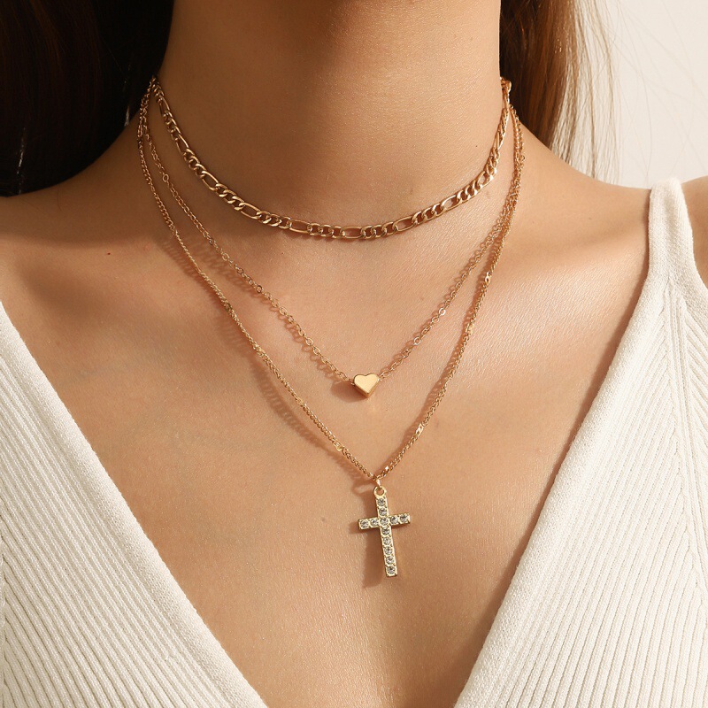 Shein Hot Selling European and American Cross-Border Multi-Layered Necklace Women's High-End Accessible Luxury Cross Retro Clavicle Chain Necklace