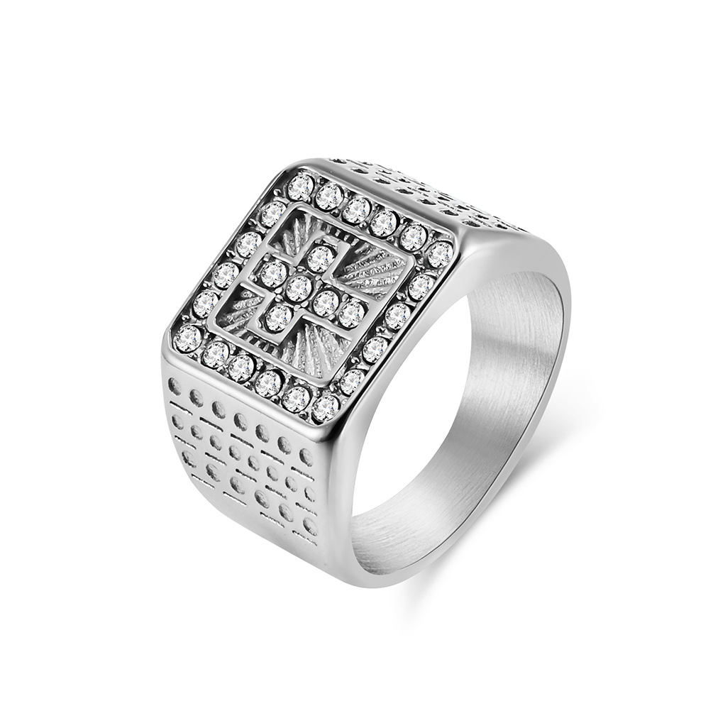 Cruzar la frontera europea y americana estilo titanio acero chapado 18K oro Cruz completa diamante anillo hip hop hiphop personalidad desgaste mano Accesorios