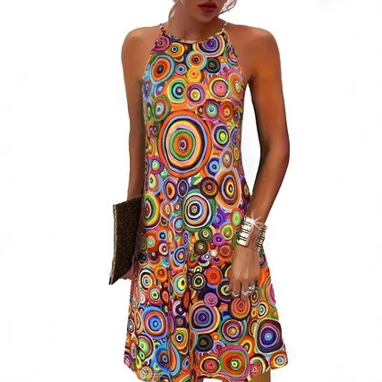 Cross-Border Hot-Selling Colorful Spiral Print Halter Neck Dress, Sleeveless Loose A-Line Dress, Bohemian Style Vacation Dress Cross-Border Hot-Selling Colorful Spiral Print Halter Neck Dress, Sleeveless Loose A-Line Dress, Bohemian Style Vacation Dress