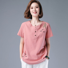 棉麻t恤女夏季年轻妈妈短袖上衣大码高端体恤中年女士民族风衣服