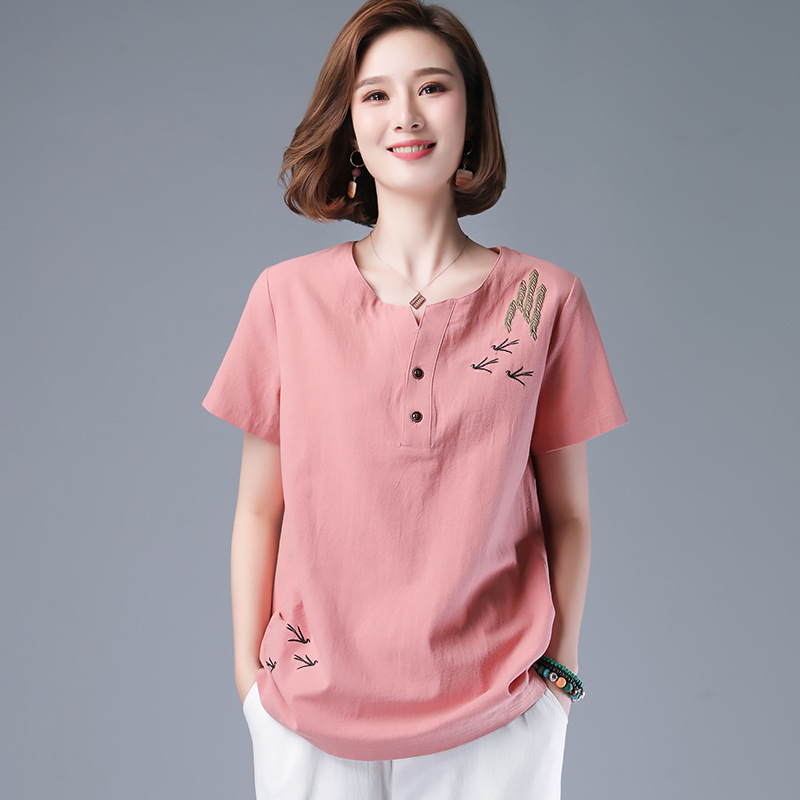 Cotton and linen T-shirt women's summer young mother short-sleeved shirt plus size high-end T-shirt middle-aged women's ethnic style clothes