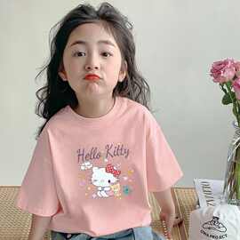 韩国童装女童夏装卡通Kitty猫短袖T恤上衣可爱蝴蝶结儿童上衣外贸