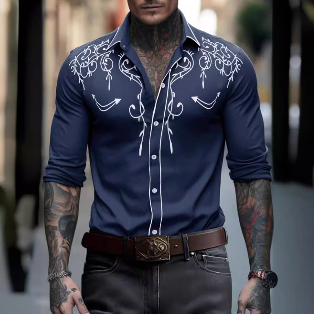 Camisa masculina bordada estilo cowboy – Camisa casual com botões | Mistura de algodão com inspiração vintage_voghion.com