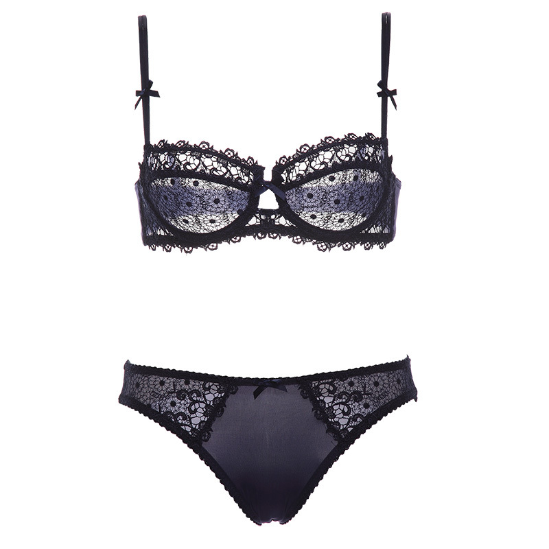 Sujetador sexy de venta caliente europeo y americano, conjunto de sujetador de lazo de encaje ultrafino, ropa interior de media taza de estilo fino sexy de gran tamaño