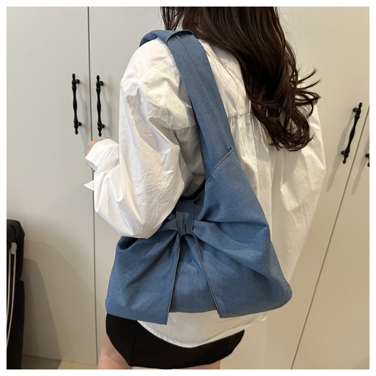 Bow Knot Pattern Women's Large Denim Bow Knot Streetwear Sewing Thread Square Open Tote Bag