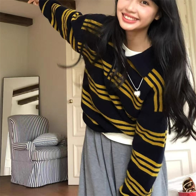 韩版秋冬新款条纹宽松毛衣女装针织衫文艺复古风翻领长袖套头上衣|undefined