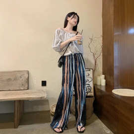 chic风素雅条纹设计冰丝百褶凉凉裤女夏季新款百搭宽松高腰阔腿裤