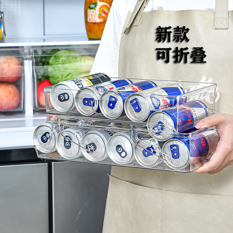 大型飲料収納ケースプラスチック透明二重折り畳みビールコーラ缶引き出し冷蔵庫棚|undefined