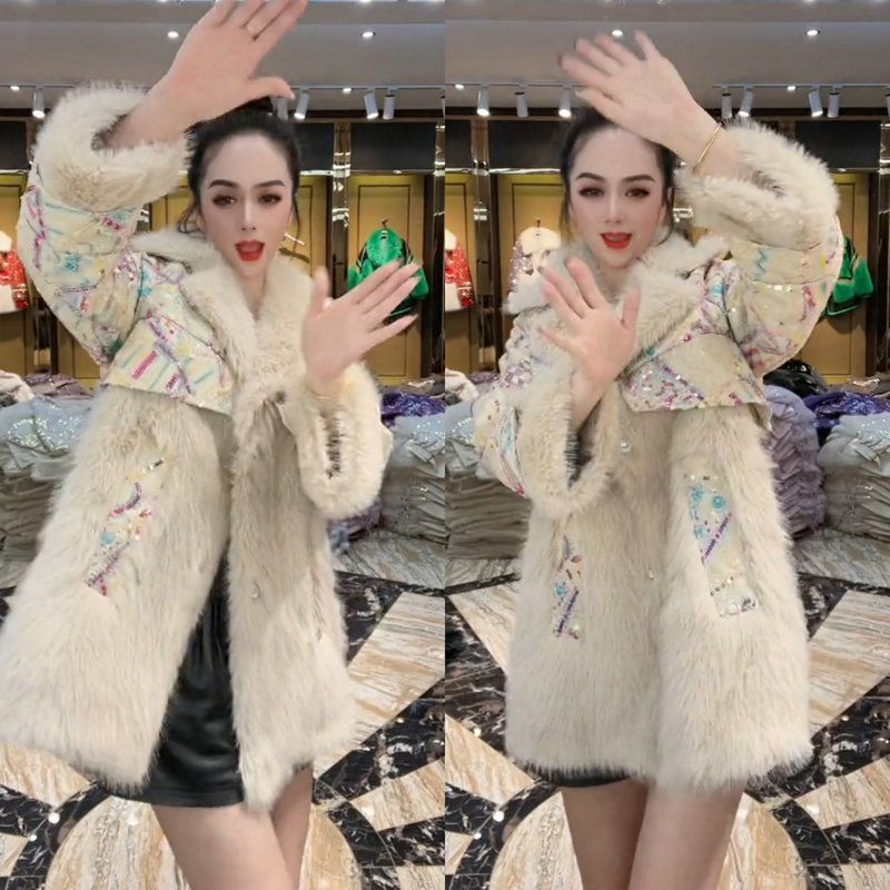 欧洲站2024新款修身牛仔拼接防狐狸毛皮草加厚外套女中长款派克服
