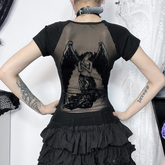 CF24035 Summer New Punk Spice Girls Short-sleeved Dark Style Street All-match Backless Flocking Printed T-shirt for Women