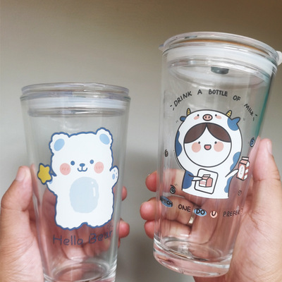 the republic of korea ins lovely Cartoon Glass Straw cup Lovers money summer High-capacity Tea cup Pearl glass