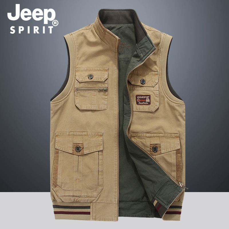 JEEP SPIRIT Spring/Summer New Fashion Men's Casual Vest with Multiple Pockets and Reversible Design - Dropshipping Available