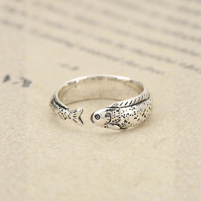 Cross-Border Retro Koi Ring for Men and Women, Ethnic Style, Land-Based Carp, Personalized Trend, Simple, Distressed, Adjustable Ring