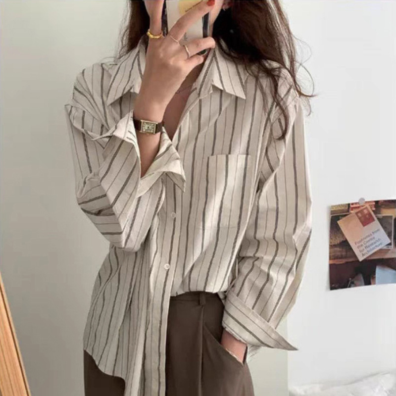 Early Spring Clothing 2025 New Vertical Stripesd Shirt Women's Design Niche Long-Sleeved Shirt Loose Chic Thin Top