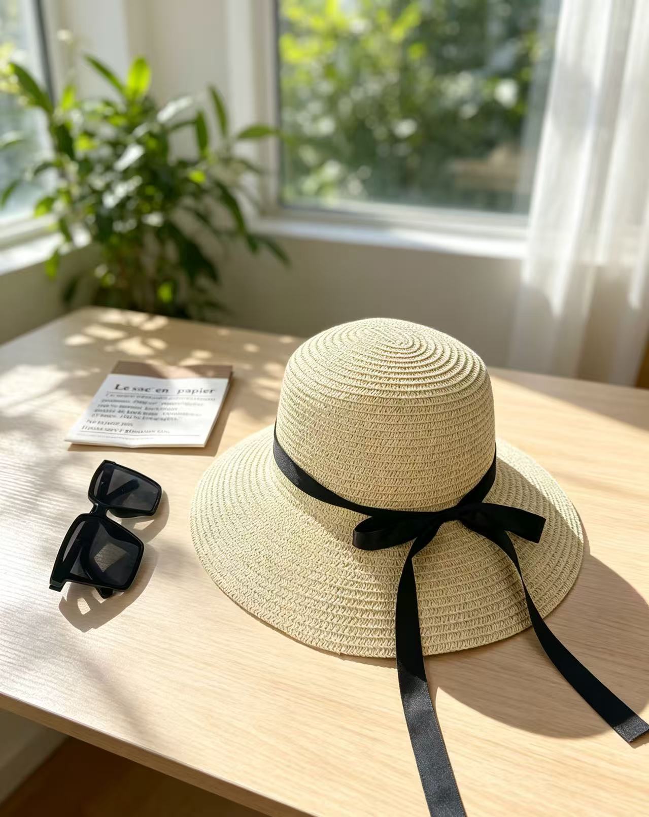 Sombrero de paja para el sol de verano para mujer con lazo de cinta negra, sombrero de ala ancha, sombrero tipo cubo para adultos, sombrero de protección solar para mujer con ala ancha.