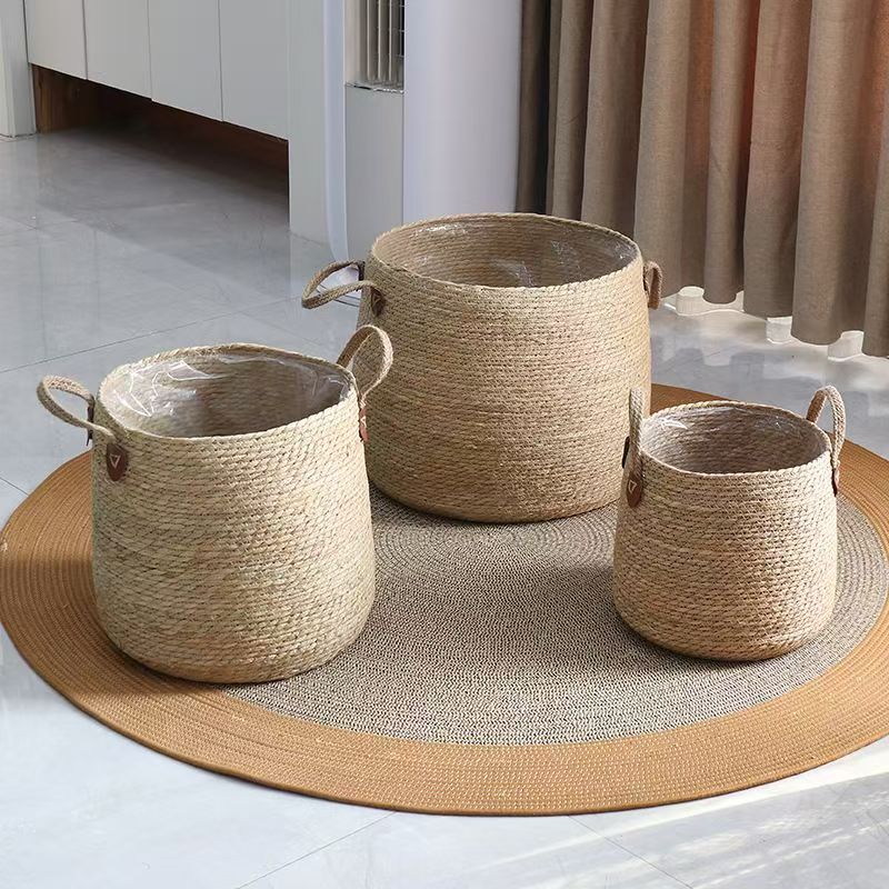 Handwoven Rattan Basket With Lid And Handles Seagrass Storage Bin_voghion.com