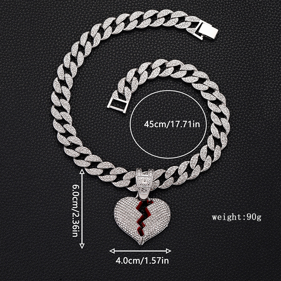 Collar personalizado con colgante de corazón roto con diamantes, estilo hip-hop europeo y americano, cadena cubana, cadena para clavícula, unisex, con diamantes incrustados.