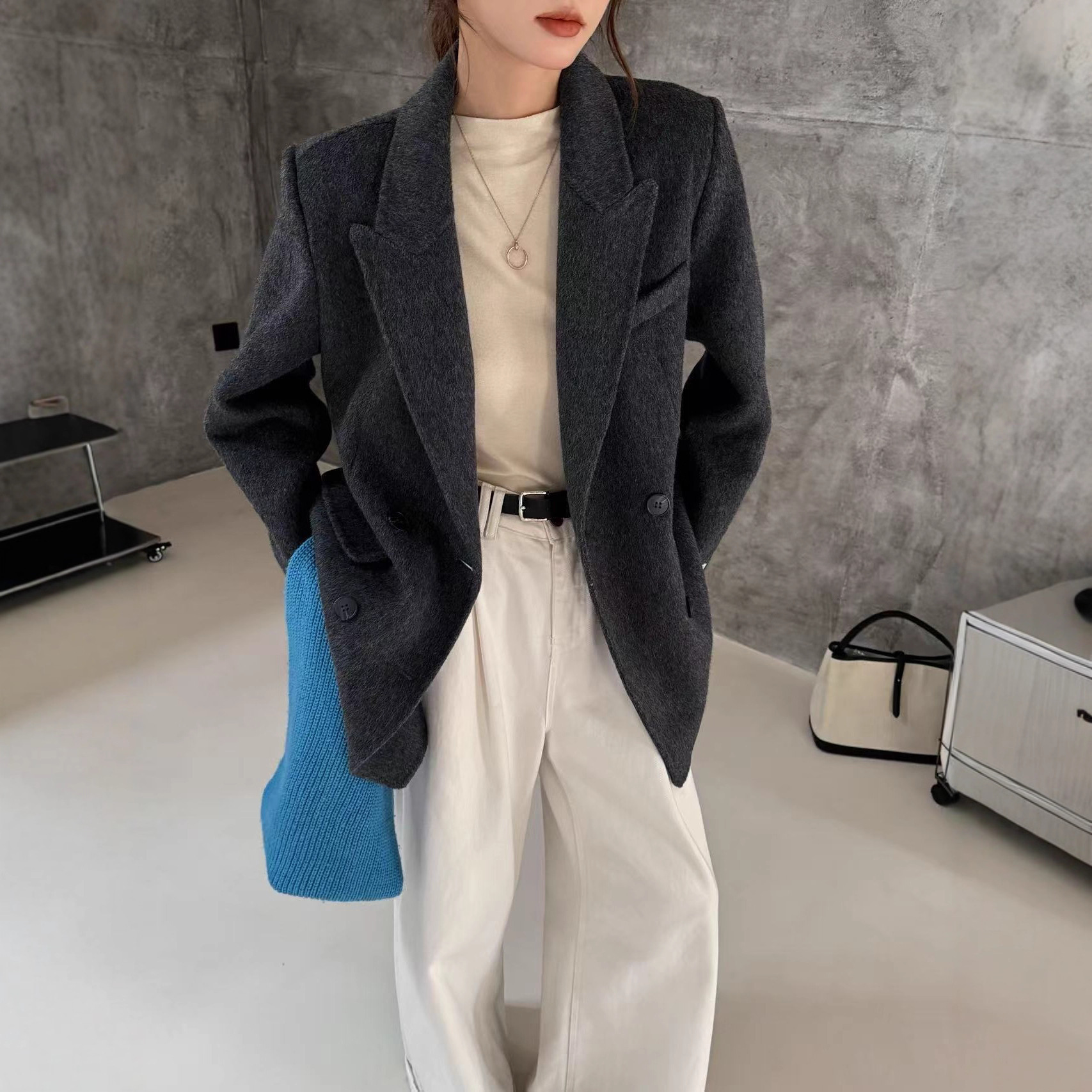 Double-Sided Cashmere Outwear for Women in Autumn and Winter New High-End Korean Style Loose Casual Small Suit Wool Outwear for Women