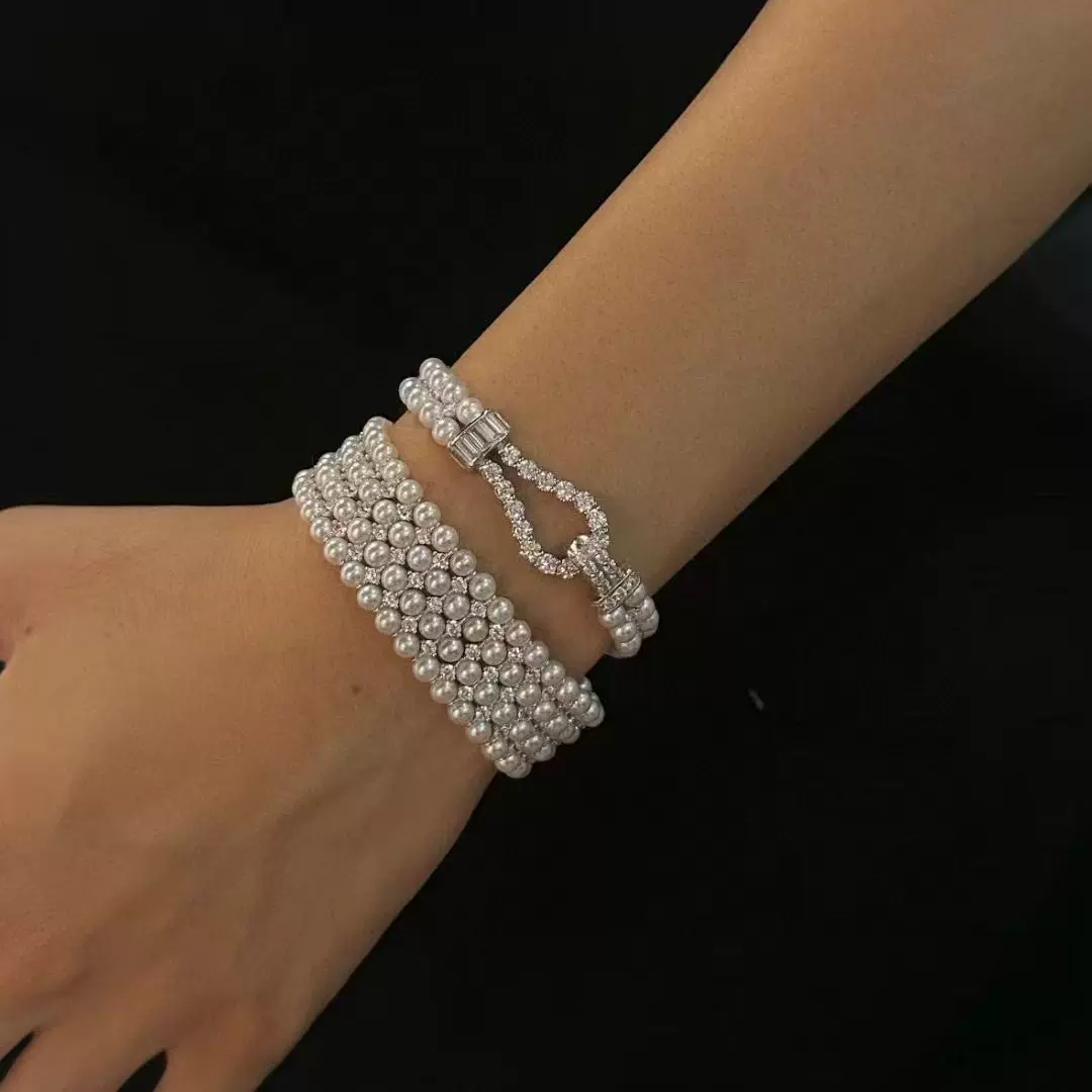 博主推荐~好看到挪不开眼！诸暨珍珠气泡钻双排珍珠手镯正圆强光