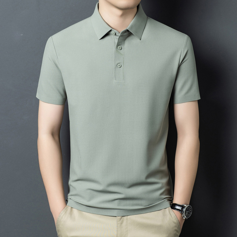 Authentic Men's Mulberry Silk Polo Shirt Short-Sleeved Summer High-End Middle-Aged Business Ice Silk Breathable Lapel T-Shirt for Men