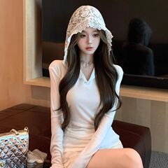 白色设计感蕾丝拼接长袖T恤女冬季修身显瘦连帽上衣内搭打底衫女
