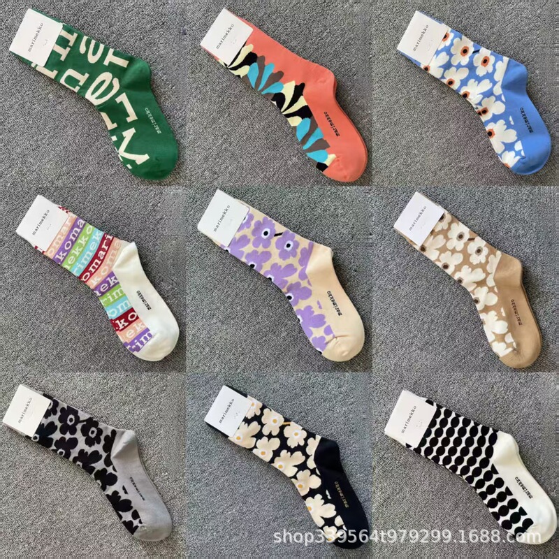 Scandinavian Style Marimekko Finnish Socks Literary Accessible Luxury Flower Women's Socks Korean Style Letter Mid-Calf Socks