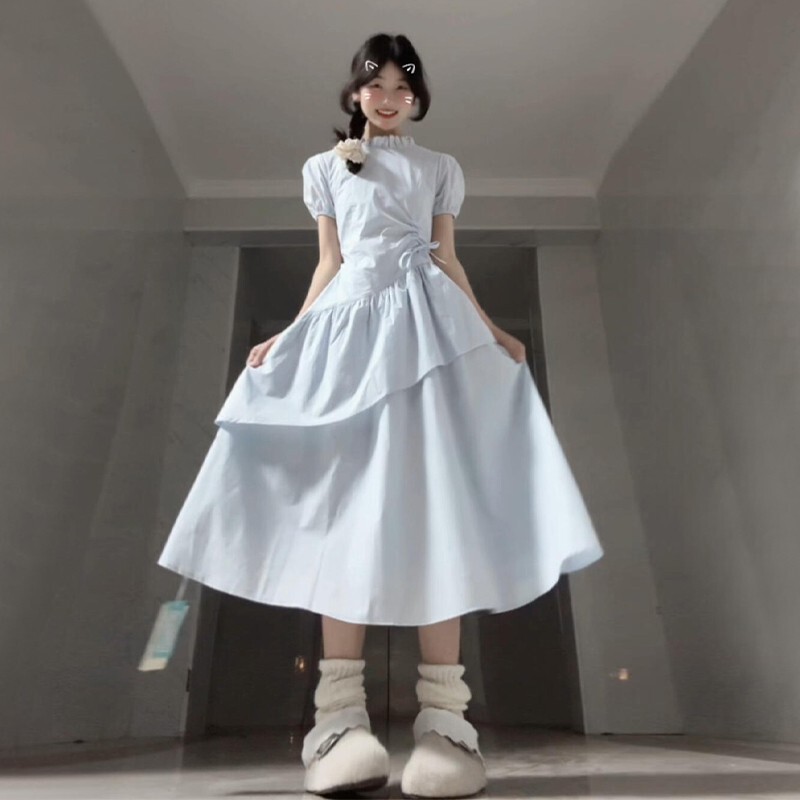 French-Style Stunning Blue Short-Sleeve Dress for Women, 2026 Summer New Drawstring Waist-Cinching Irregular Tiered Long Dress French-Style Stunning Blue Short-Sleeve Dress for Women, 2026 Summer New Drawstring Waist-Cinching Irregular Tiered Long Dress