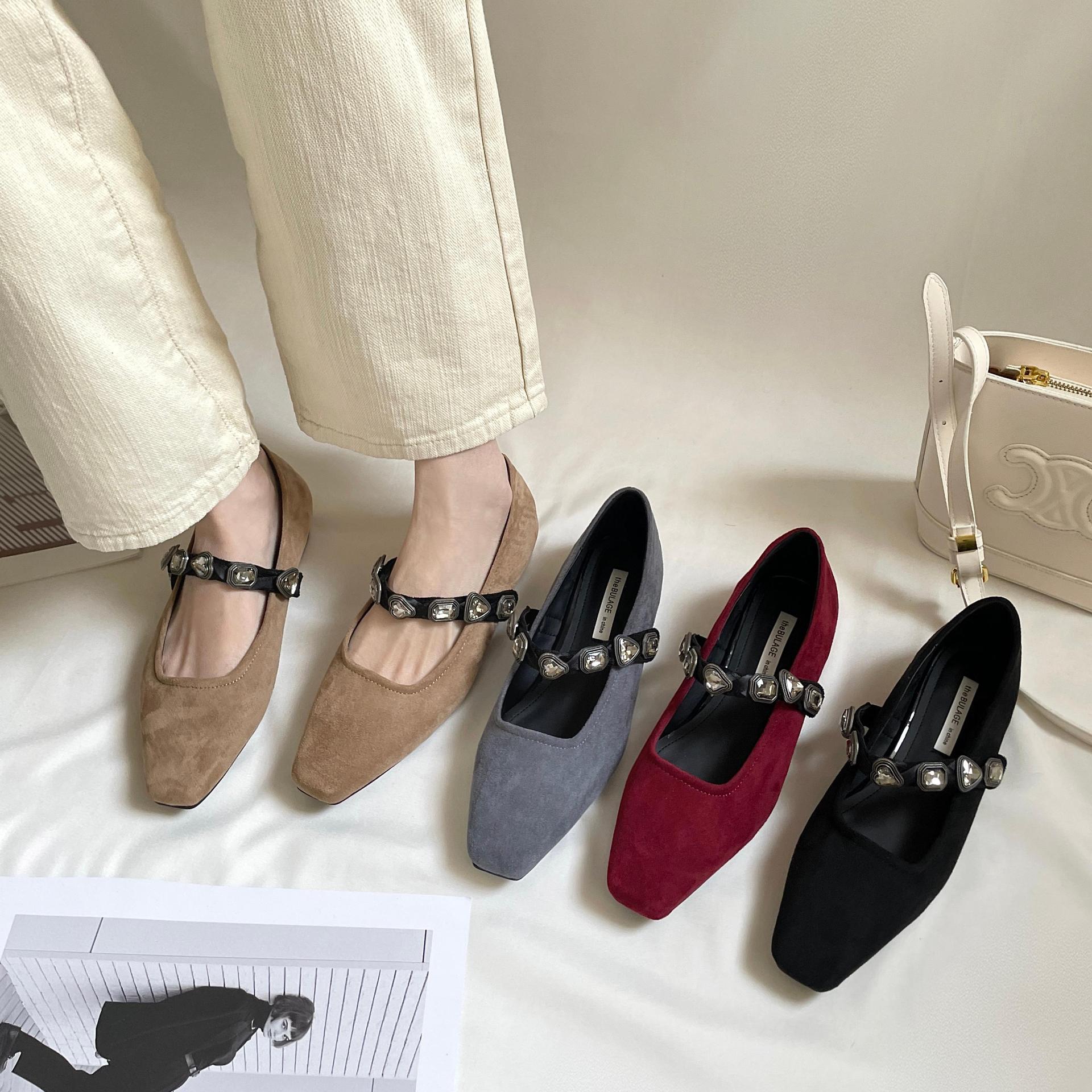 Exclusive autumn retro Mary Jane shoes square toe with rhinestones…